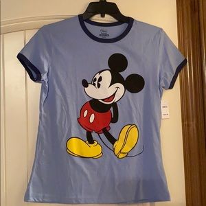 Light blue, navy trim, Mickey Mouse t-shirt.